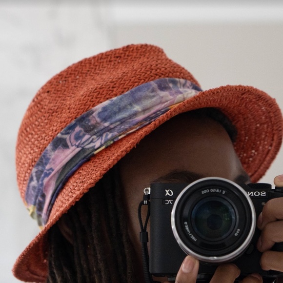 Orange Straw Hat with Printed Trim - Picture 1 of 4